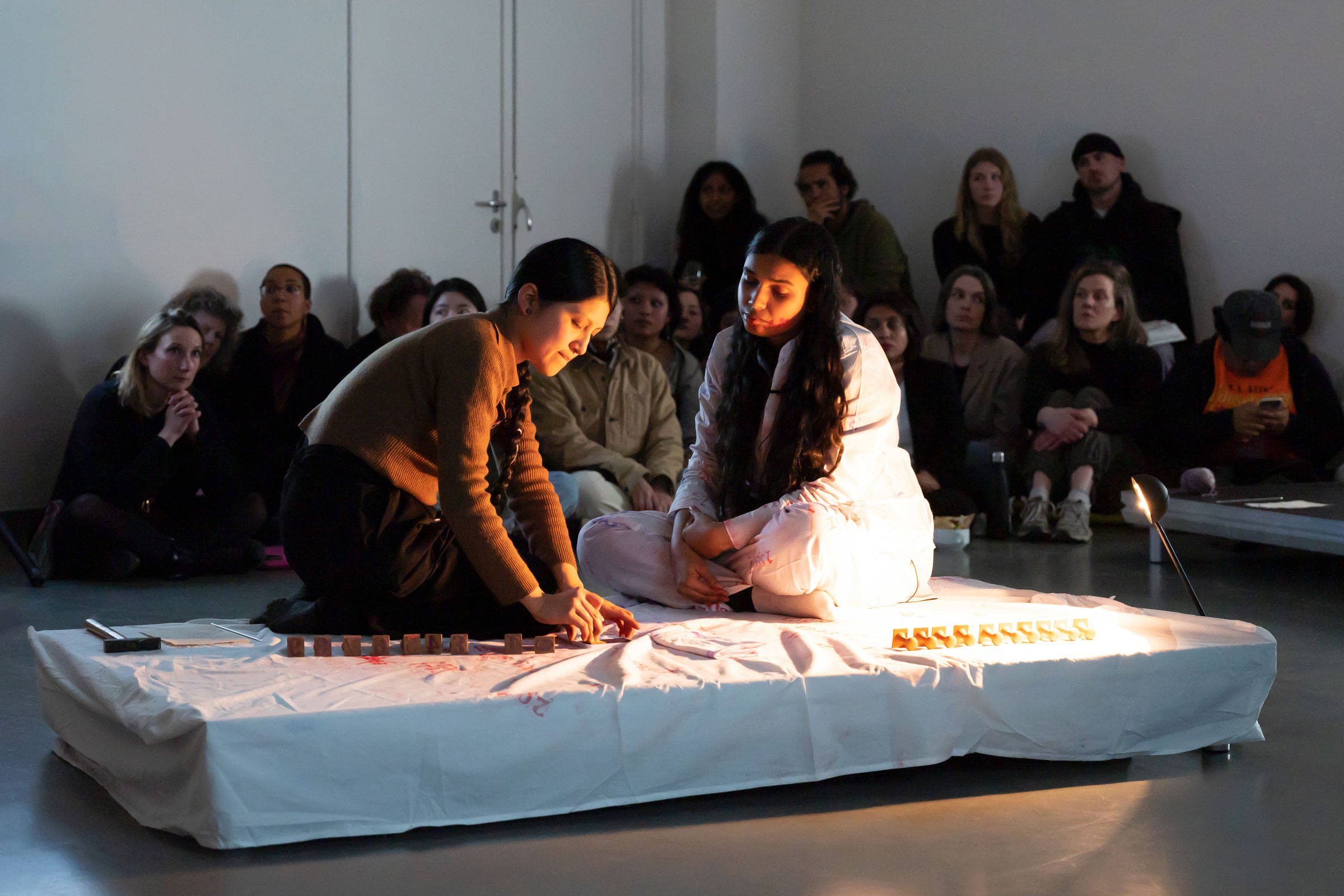 You cannot step into the same river twice, performance by Arpita Akhanda, Cristina Flores Pescorán, and Rehema Chachage. Jan van Eyck Academie, Maastricht, Netherlands