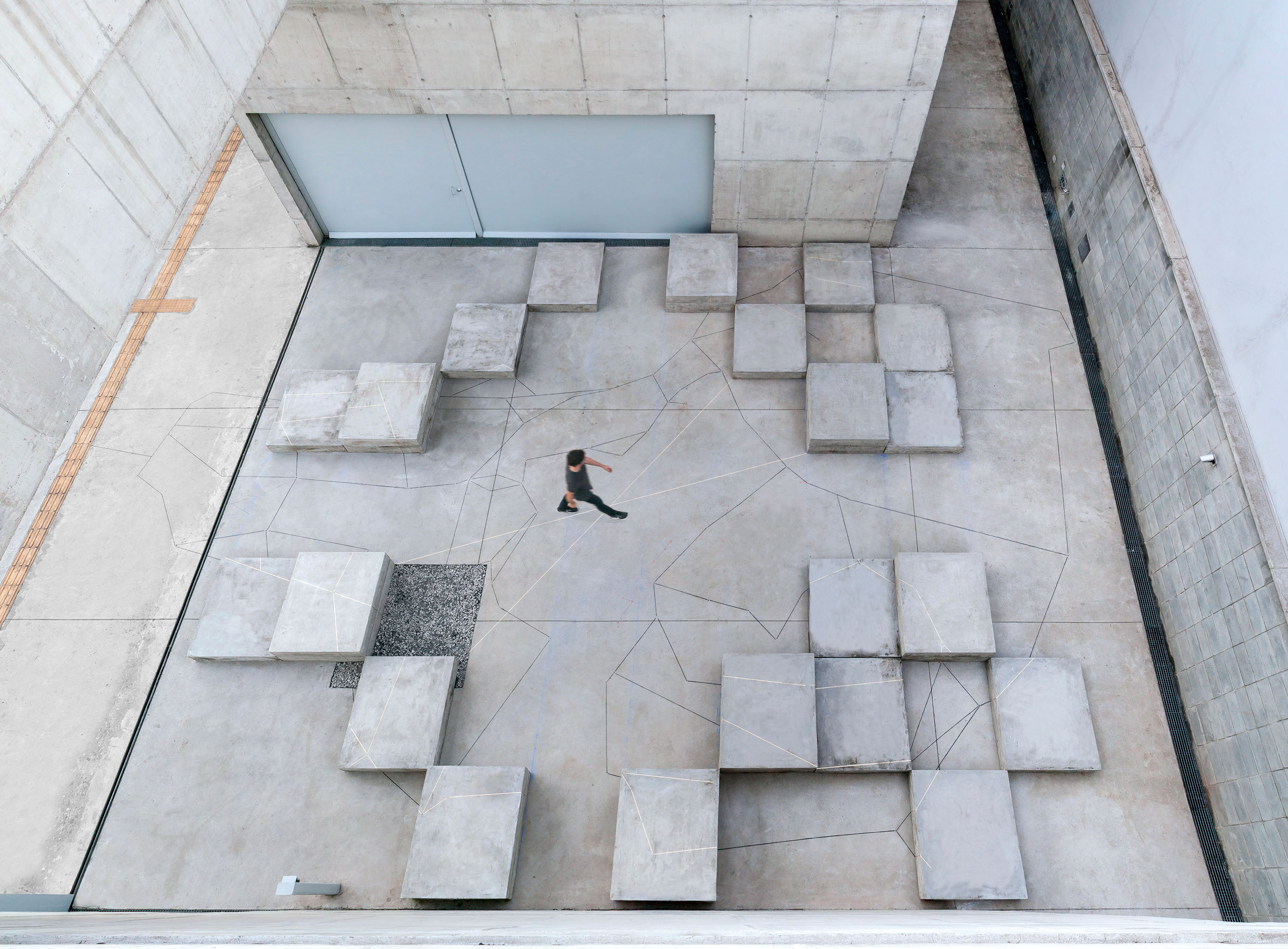 Site-specific Installation titled Cielo Raso by artist Sandra Gamarra, consisting of concrete, golden leaf, graphite and screws, curated by Bruno Alves de Almeida for the project SITU at Galeria Leme, São Paulo, Brazil.