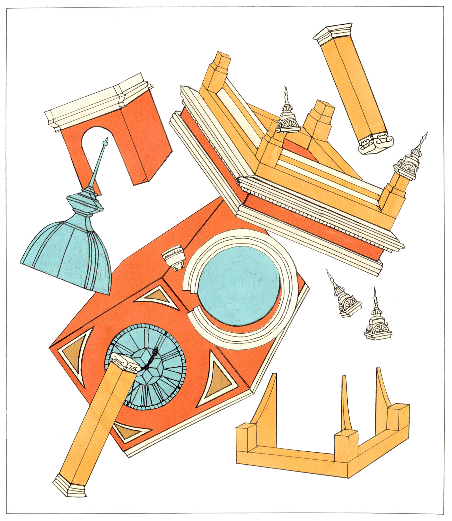 Clock tower from Luz Station in São Paulo. Drawing by Pilar Quinteros, 2017.