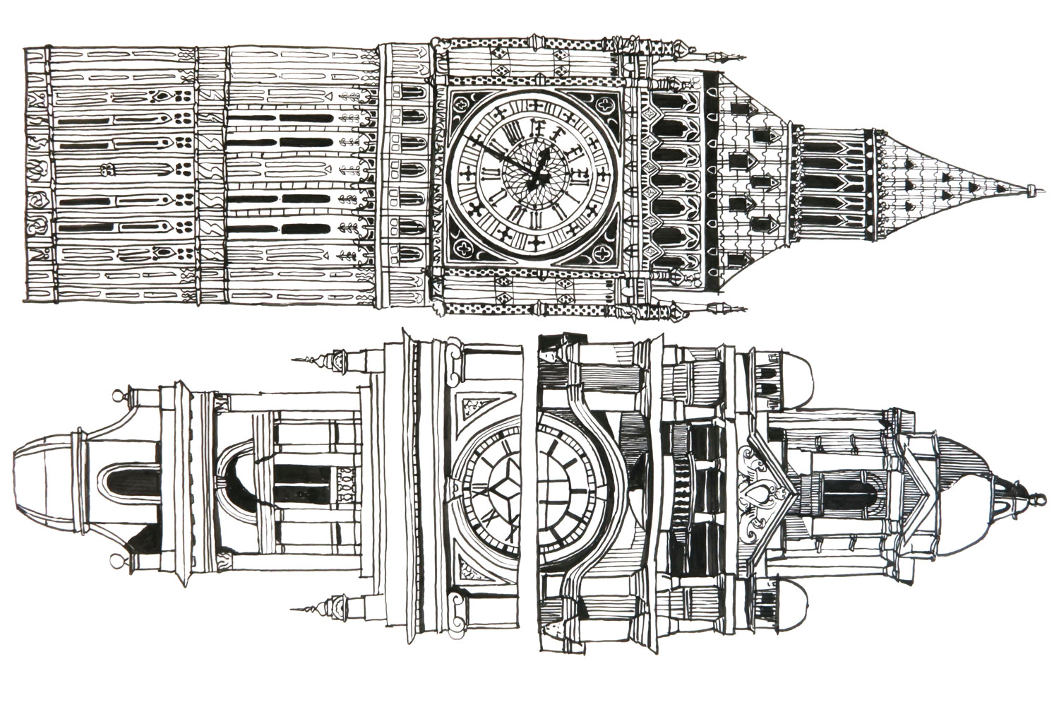 Above - Elizabeth Tower (Big Ben), Westminster Palace, London. Below - clock towers from Luz Station, São Paulo and Flinders Street Station, Melbourne, both designed by English architect Henry Drive. Drawing by Pilar Quinteros