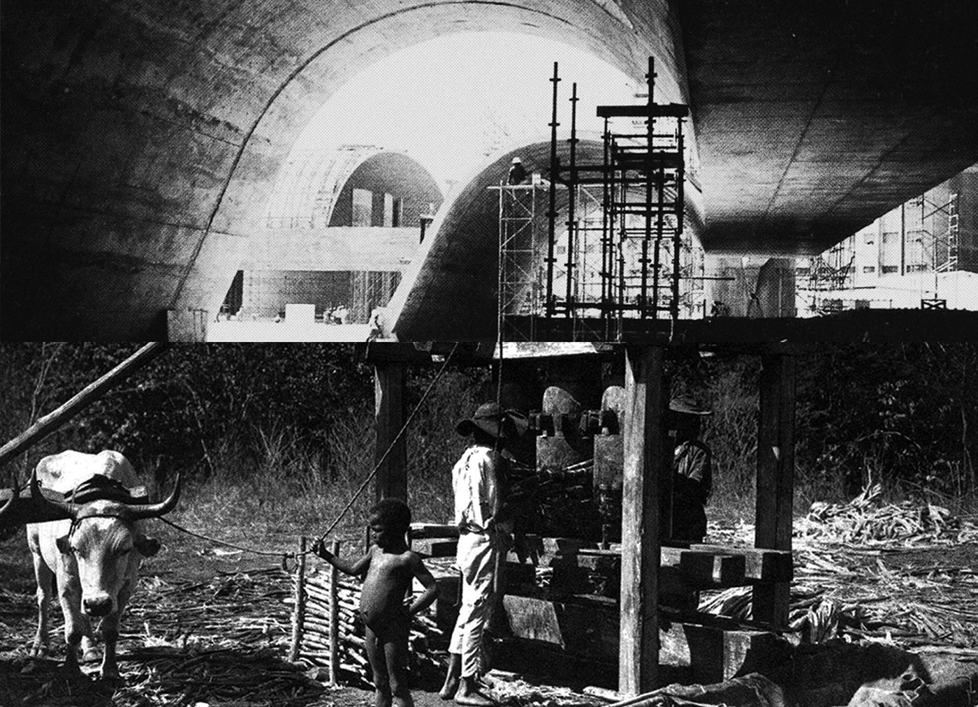 Sugarcane mill in Fazenda do Serrote, Piaui, Brazil, 1912, and the construction of the Latin American Memorial, architecture by Oscar Niemeyer, São Paulo, Brazil