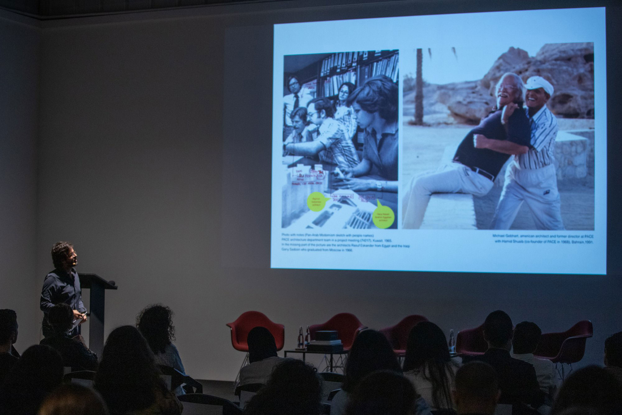 Ricardo Camacho presenting Architecture without the City: Pan-Arab Movement and Translocal Practice at Temporary Spaces, Alserkal Arts Foundation Project Space, Dubai.